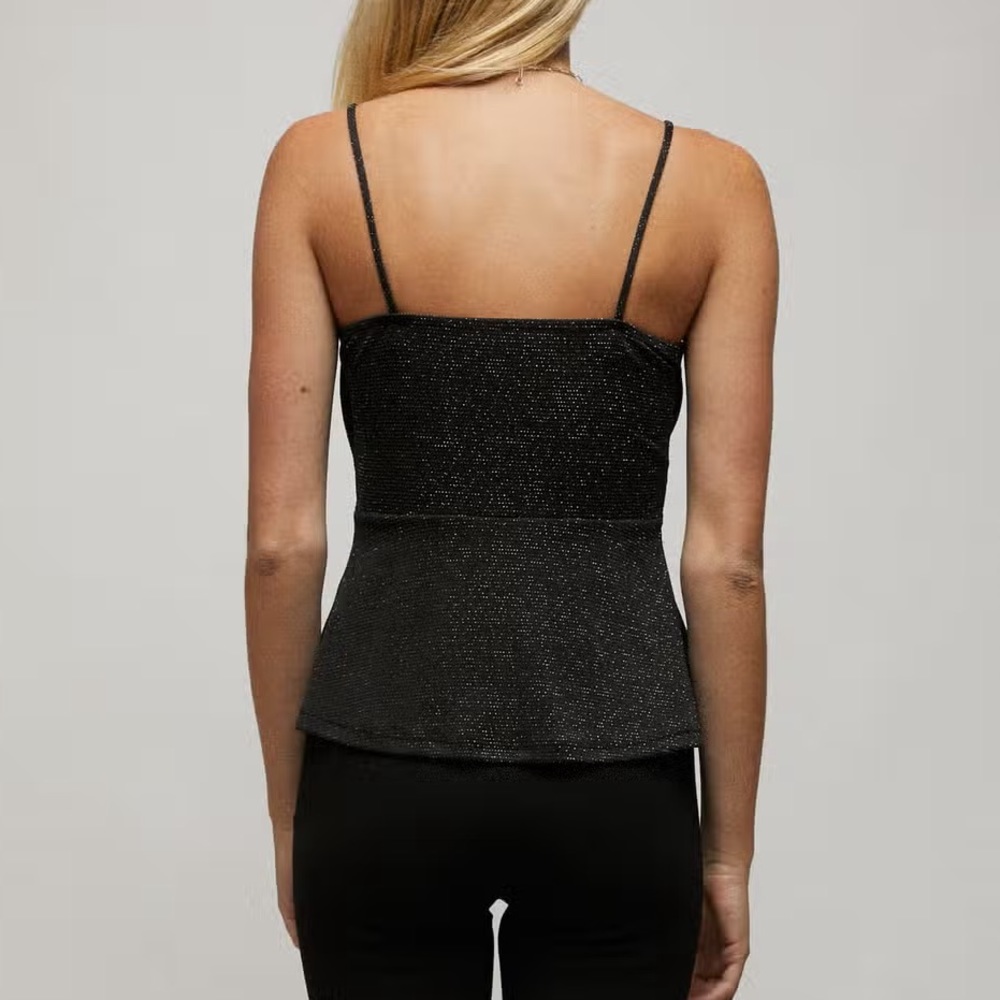 Side Twist Peplum Cami Tank Top Black Sparkle Lurex Knit Adjustable Straps - Picture 4 of 11